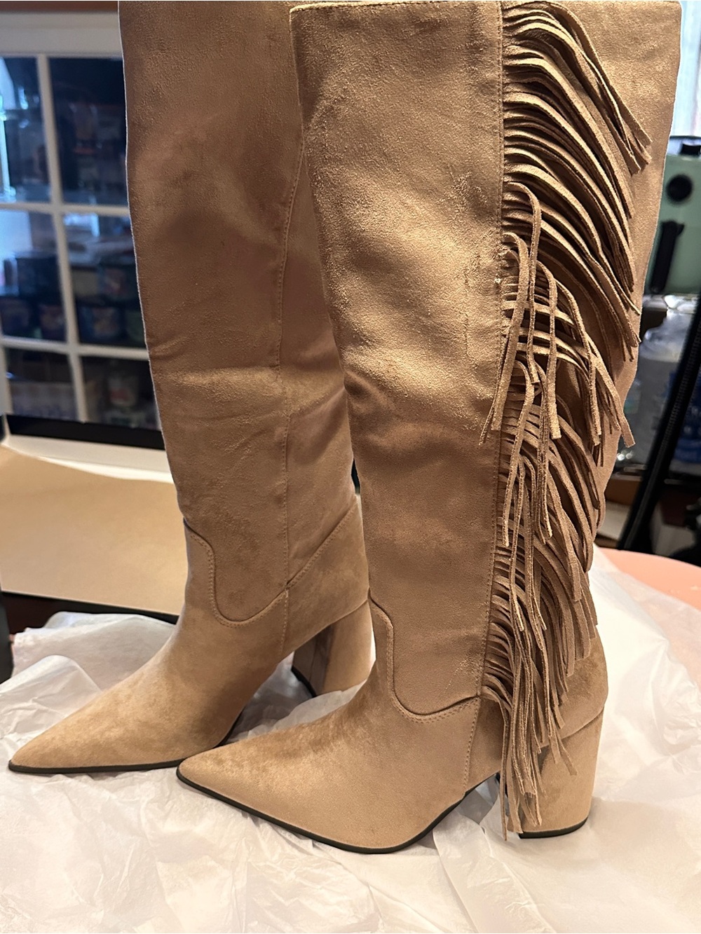 NWT Madden Girl Beige Shakke Fringe Knee-High Block Heel Boots - Picture 12 of 13